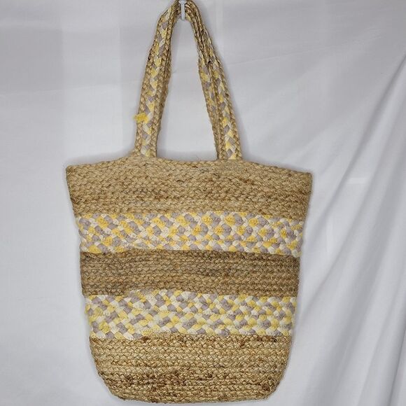 Sandra Robert's Squared Rafia and Fabric Braided Woven‎ Tote - Picture 1 of 8